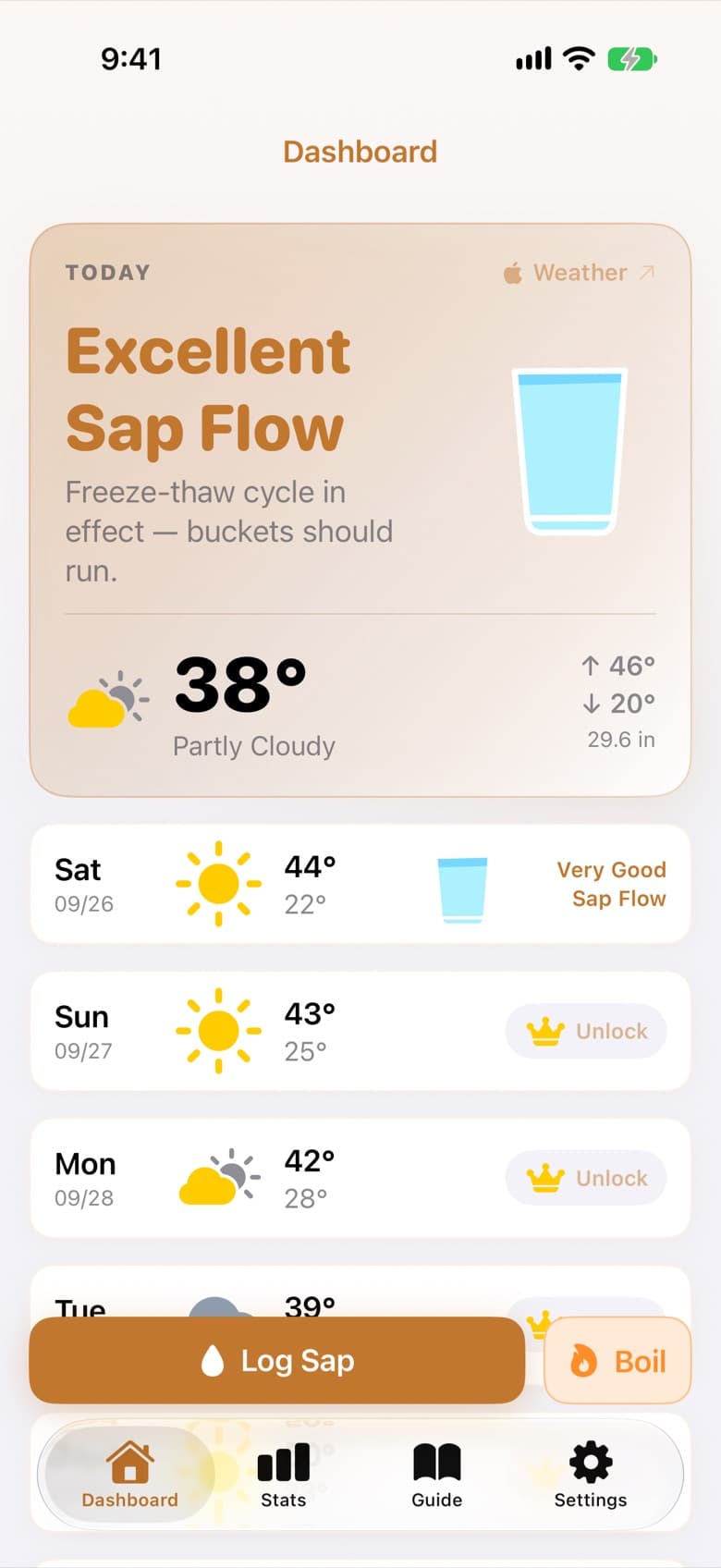 LuckySap app showing an Excellent Sap Flow day with a freeze-thaw forecast